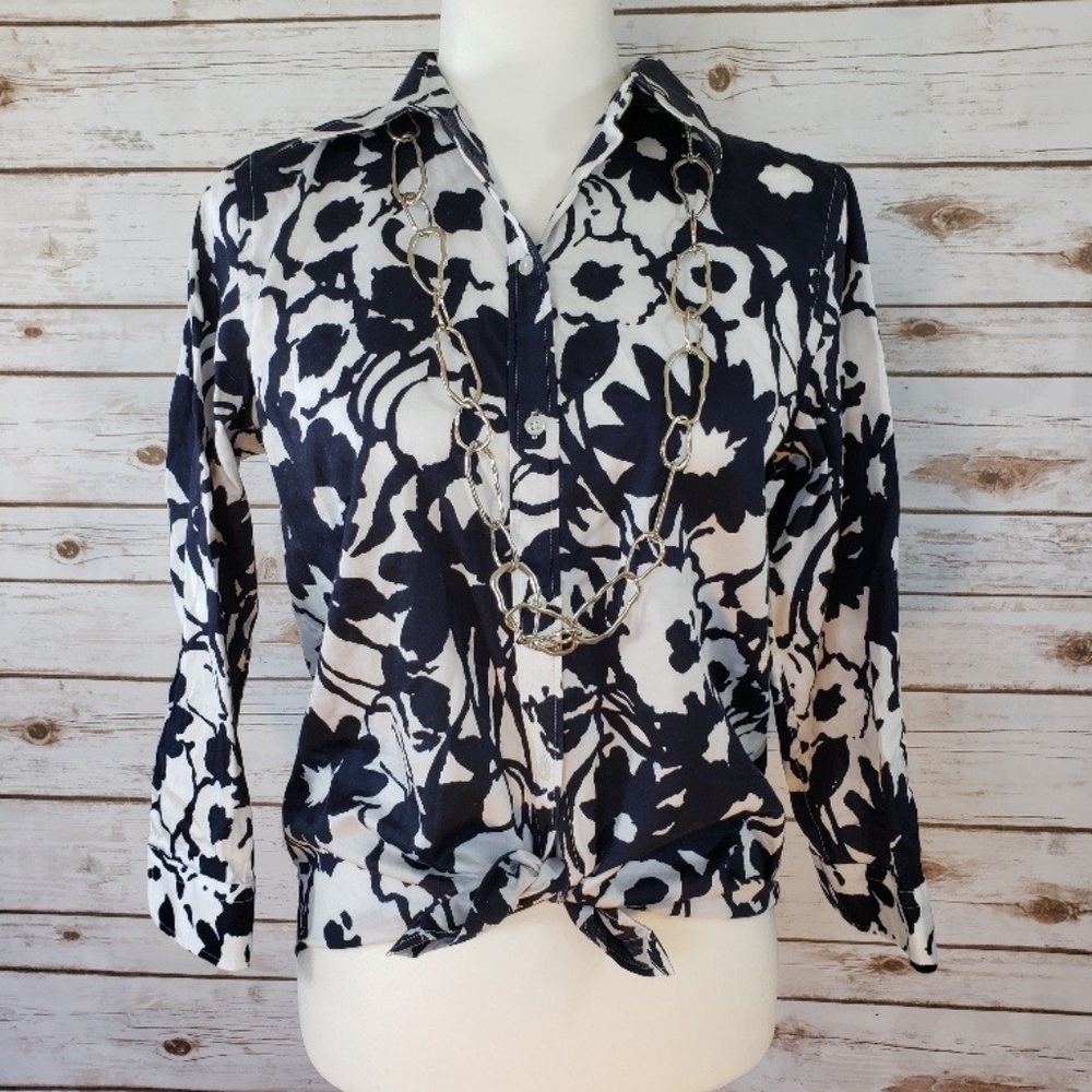 LAUREN RALPH LAUREN Navy and White Blouse Sz M